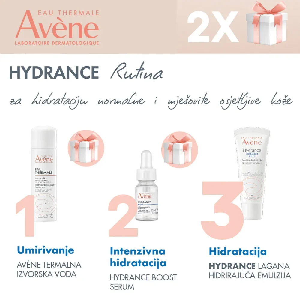 Avène Rutina Hydrance Lagana emulzija 40 ml + GRATISI: termalna 50 ml + Hydrance Boost serum 10 ml + neseser