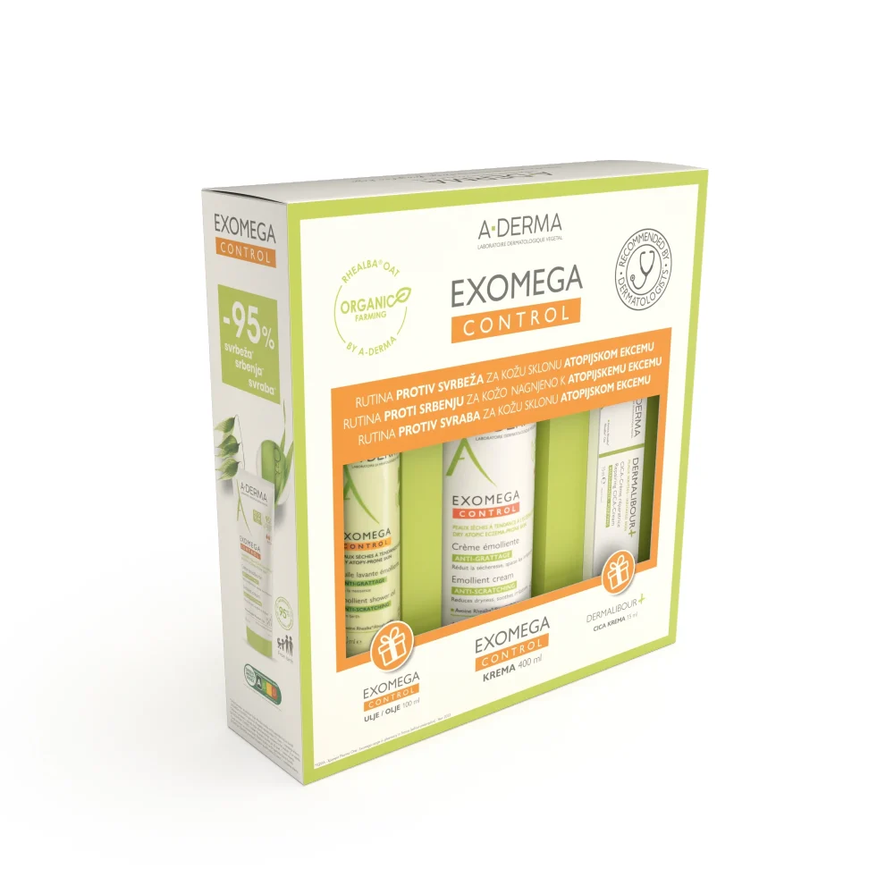 A-Derma Exomega PROMO set (Krema 400ml + GRATIS Ulje 100ml + GRATIS Dermalibour CICA krema 15ml)