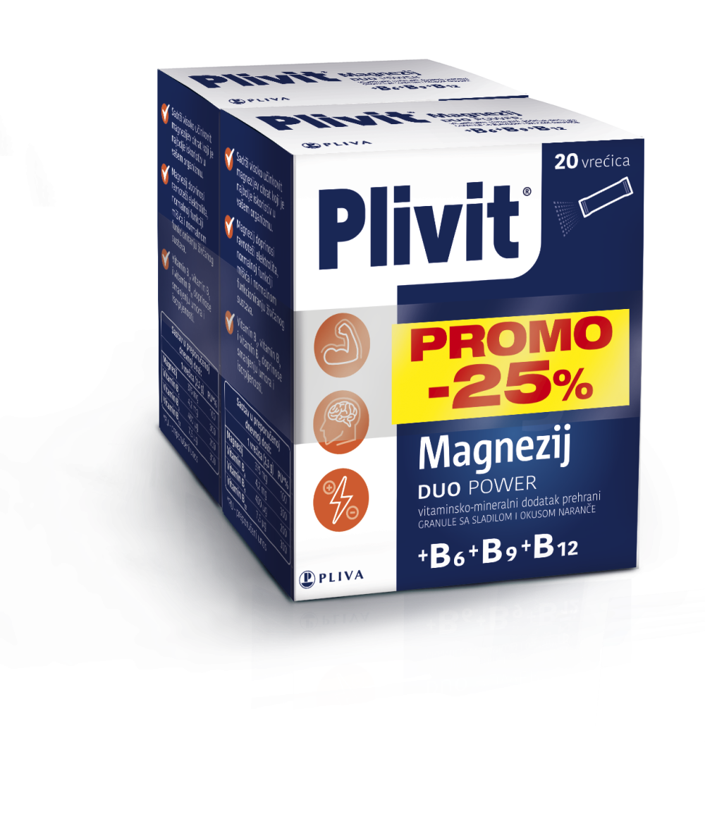 Plivit Magnezij Duo Power granule vrećice a 20 x2 kutije -25% PROMO Za dopunu magnezija sa vitaminima B6+B9+B12